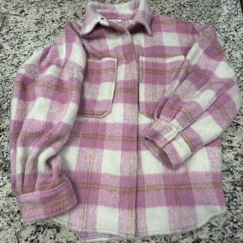 Pretty Garbage Oversized Plaid Button Down Shacket Shirt‎ - Pink and Cream